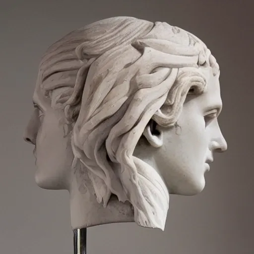 Create a Music Album Cover of an Aesthetically Pleasing Half Head and Half Skull Ancient Greek Sculpture