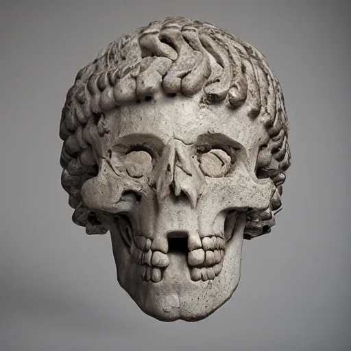 Create a music album cover featuring an ancient Greek half-head, half-skull sculpture aesthetic, all adorned with orchestral instruments, draw inspiration from renaissance works