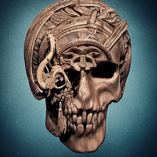 Create a music album cover featuring an ancient Greek half-head, half-skull sculpture aesthetic, all adorned with orchestral instruments, draw inspiration from renaissance works