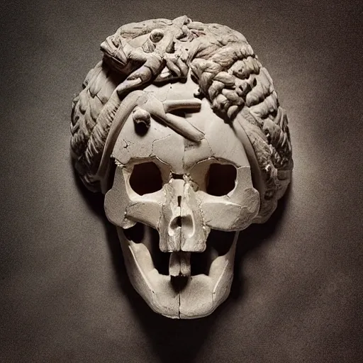 Create a music album cover featuring an ancient Greek half-head, half-skull sculpture aesthetic, all adorned with orchestral instruments, draw inspiration from renaissance works