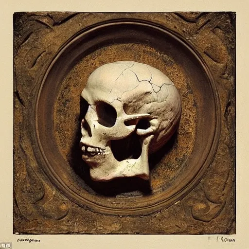 Create a music album cover featuring an ancient Greek half-head, half-skull sculpture aesthetic, draw inspiration from renaissance works