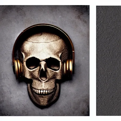 Create the cover for a music album, on the ground there is a skull from which flowers grow, to the left of the skull there is a violin and to the right a brass