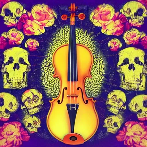 Create the cover for a music album, on the ground there is a skull from which flowers grow, to the left of the skull there is a violin and to the right a brass, Trippy, 3D