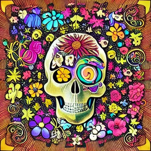 Create the cover for a music album, on the ground there is a skull from which flowers grow, to the left of the skull there is a violin and to the right a brass, Trippy, 3D, Water Color