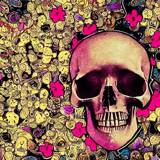 Create the cover for a music album, on the ground there is a skull from which flowers grow, to the left of the skull there is a violin and to the right a brass, Trippy, 3D