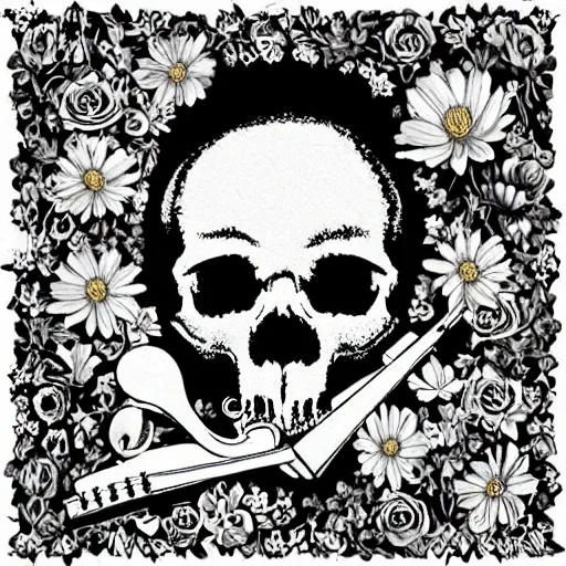 Create the cover for a music album, on the ground is a skull from which flowers grow, to the left of the skull is a broken violin and to the right a brass, 3D