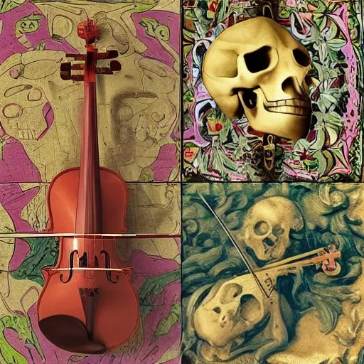 Create the cover for a music album, on the ground is a skull from which flowers grow, to the left of the skull is a broken violin and to the right a brass, get inspired by renaissance art, 3D, Trippy