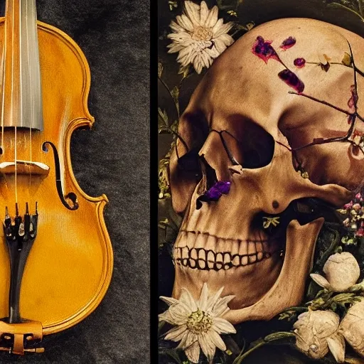 Create the cover for a deep music album, on the ground is a skull from which flowers grow, on the left of the skull is a broken violin and on the right is a brass, be inspired by the elegance of Renaissance art