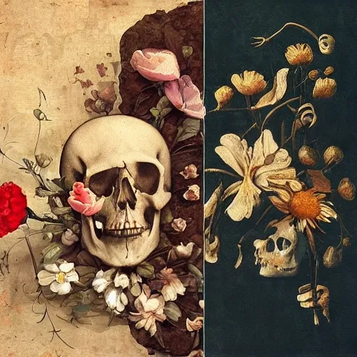 Create the cover for a deep music album, on the ground there is a skull from which flowers grow, it includes a skull and a broken violin, be inspired by the elegance of Renaissance art