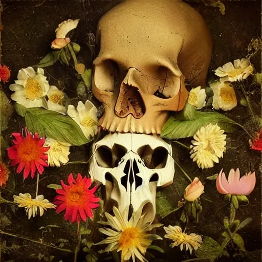 Create a deep music album cover, on the ground is a skull from which flowers grow, a broken violin, be inspired by the elegance of Renaissance art, 3D, Trippy