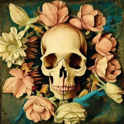 Create a deep music album cover, on the ground is a skull from which flowers grow, a broken violin, be inspired by the elegance of Renaissance art, 3D