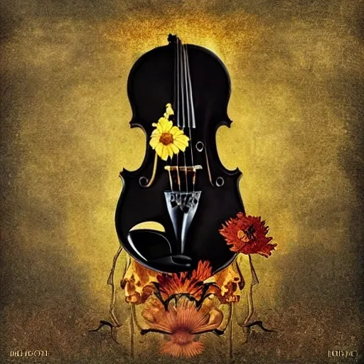 Create a deep music album cover in black and gold colors, on the ground there is a skull from which flowers grow, a broken violin, get inspired by the elegance of renaissance art and make everything as true to reality as possible