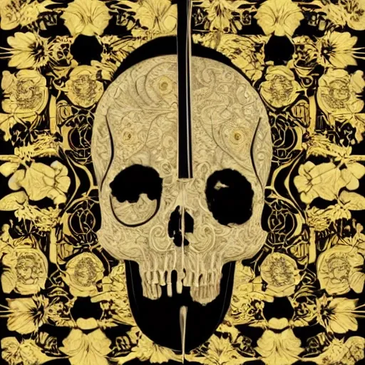 Create a deep music album cover in black and gold colors, on the ground there is a skull from which flowers grow, a broken violin, get inspired by the elegance of renaissance art and make everything as true to reality as possible