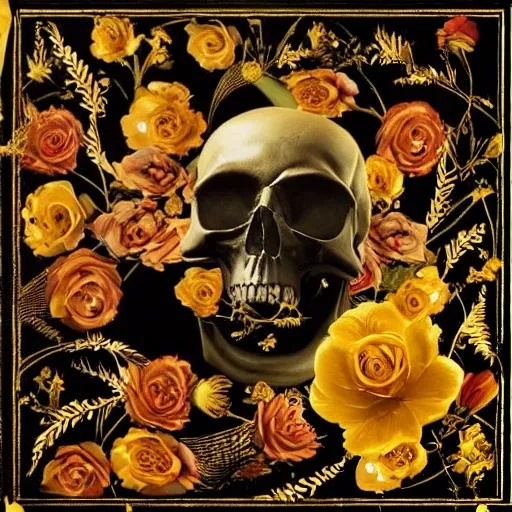 Create a deep music album cover in black and gold colors, on the ground there is a skull from which flowers grow, a broken violin, get inspired by the elegance of renaissance art and make everything as true to reality as possible