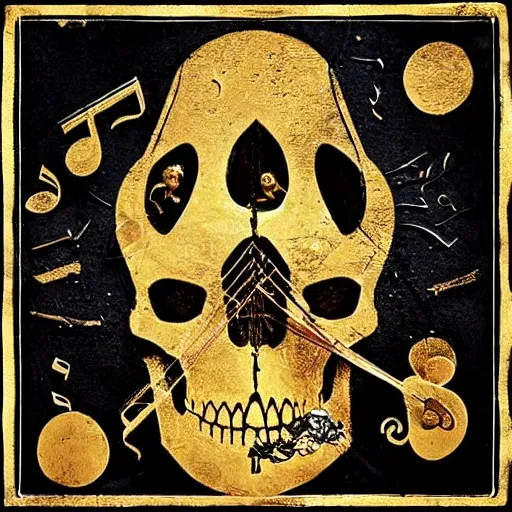 Create a deep music album cover in black and gold colors, on the ground there is a skull, a broken violin, get inspired by the elegance of renaissance art and make everything as true to reality as possible