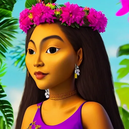 logo of a young kichwa queen of the amazon with a flower crown holding a guava in her hands, 3D, Cartoon