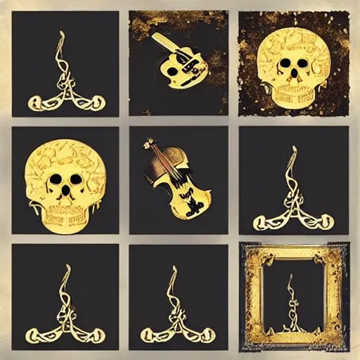 Create a deep music album cover in black and gold colors, on the ground there is a skull, a broken violin, get inspired by the elegance of renaissance art and make everything as true to reality as possible