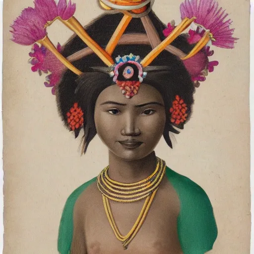 logo of a young kichwa queen of the amazon with a flower crown holding a guava in her hands, 3D, Cartoon, Water Color