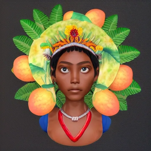 logo of a young kichwa queen of the amazon with a flower crown holding a guava in her hands, 3D, Water Color