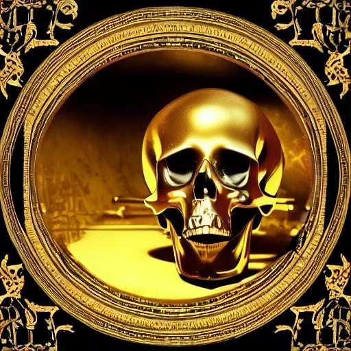 Create a deep music album cover in black and gold colors, a skull and a broken violin should be shown, be inspired by the elegance of renaissance art and make everything as true to life as possible, 3D