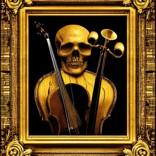 Create a deep music album cover in black and gold colors, a skull and a broken violin should be shown, be inspired by the elegance of renaissance art and make everything as true to life as possible, 3D