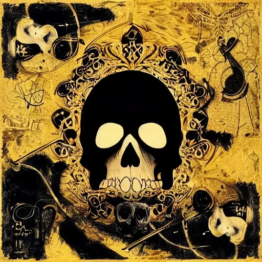 Create a deep music album cover in black and gold colors, a skull and a broken violin should be shown, be inspired by the elegance of renaissance art and make everything as true to life as possible