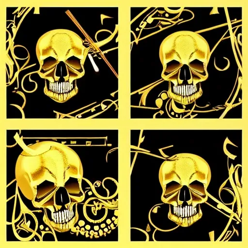 Create a deep music album cover in black and gold colors, a skull and a broken violin should be shown, be inspired by the elegance of renaissance art and make everything as true to life as possible