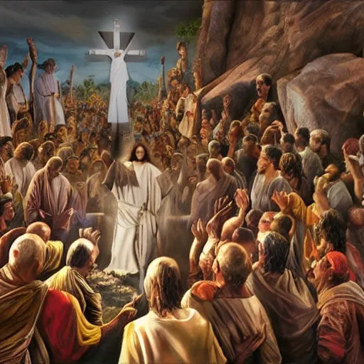 "The Great Commission" Create a hyper-detailed artwork depicting Jesus' commissioning of the disciples to go and make disciples of all nations. Use realistic vision techniques to showcase the expressions of the disciples, symbolizing their calling and the spread of the Gospel., 3D