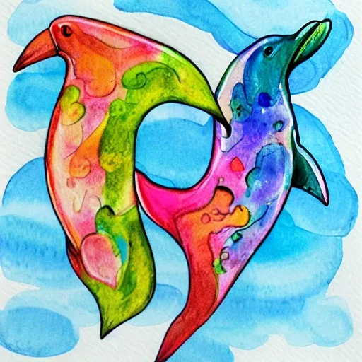 Letters and dolphins combine, Water Color