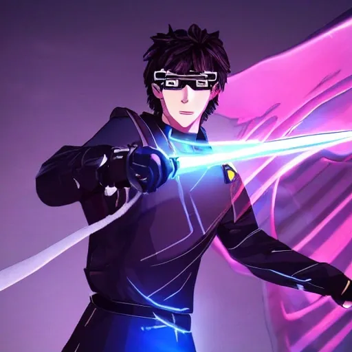 Man wearing black clothes with pink stripes, holding a blue flame sword in his left hand The right hand holds an ice sword with holographic glasses.
On the other hand, Yang was a spaceship that had just transcended through dimensions., 3D