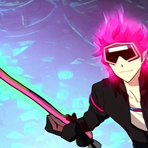 Man wearing black clothes with pink stripes, holding a blue flame sword in his left hand The right hand holds an ice sword with holographic glasses.
On the other hand, Yang is a spaceship that has just transcended through dimensions. 3d anime