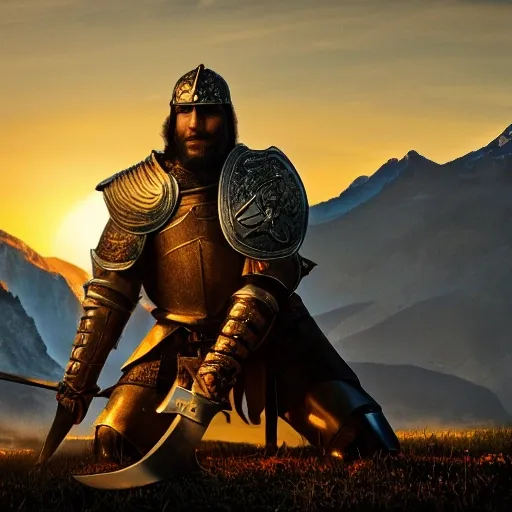 A knight kneeling on his knees over piles of body’s with his sword raised as the sun peeks over mountains behind him