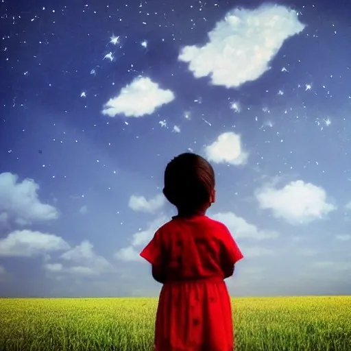 many little pretty girls and boys looking up to the sky, the sky has many big clouds, one named "GPT"