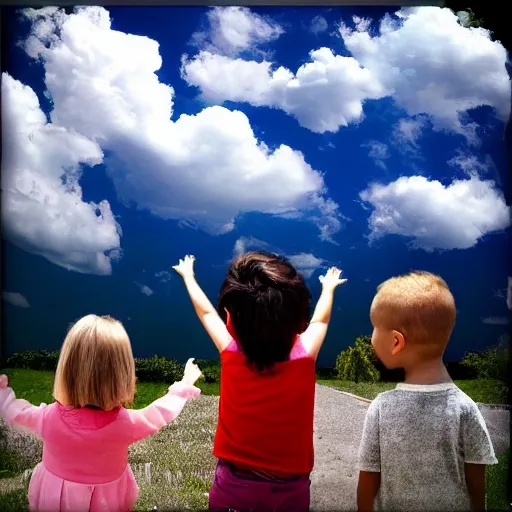 many little pretty girls and boys looking up to the sky, the sky has many big clouds, the cloud name "GPT", 