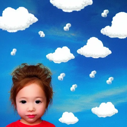 many little pretty girls and boys looking up to the sky, the sky has many big clouds, the cloud name "GPT", , 3D