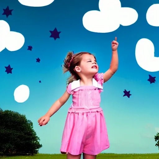 many little pretty girls and boys looking up to the sky, the sky has many big clouds