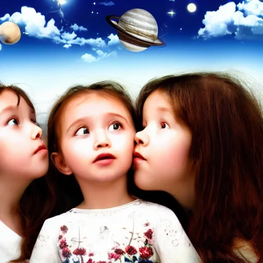 filming,ultra best quality,masterpiece,wallpaper,(realistic, intricate details) ,three little pretty girls and boys looking up far away to the sky, the sky has many big clouds, Space Ship in the sky, dream ,
