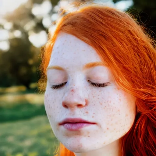 a photorealistic image of a ginger girl in her 20s, freckles around her face, golden hour, above shoulder, Cinematic, Canon50, Close-up, Dramatic, HD, Glamor Shot, eyes closed