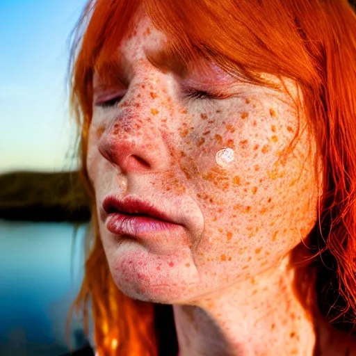a photorealistic image of a ginger girl in her 40s, freckles around her face, golden hour, above shoulder, Cinematic, Canon50, Close-up, Dramatic, HD, Glamor Shot, eyes closed