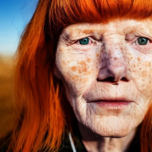 a photorealistic image of a ginger girl in her 60s, freckles around her face, golden hour, above shoulder, Cinematic, Canon50, Close-up, Dramatic, HD, Glamor Shot, blue eyes