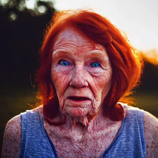 a photorealistic image of a ginger girl in her 80s, freckles around her face, golden hour, above shoulder, Cinematic, Canon50, Close-up, Dramatic, HD, Glamor Shot, blue eyes
