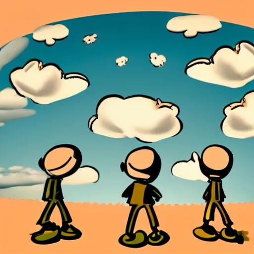 three little cartoon man looking up far away to the sky, the sky has 10 big clouds,  dreaming ,8k, big sky