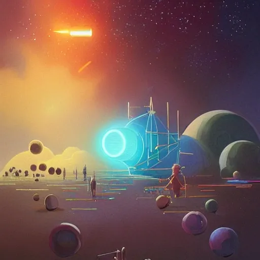 greg rutkowski, beeple, a painting by ralph mcquarrie of floating molecules and icosahedron with stars, clouds, and rainbows in the background, trending on artstation, masterpiece, incredible details,GPT,three little girls and boys
