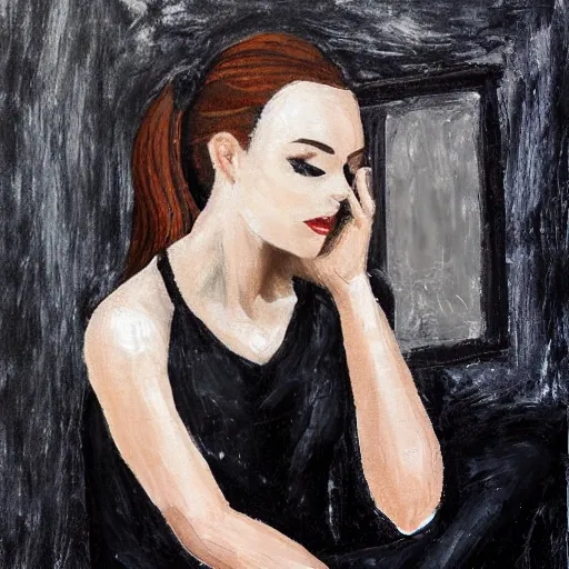 Beautiful forehead girl sitting in front of mirror, wearing black, impasto style, style of wlop, 