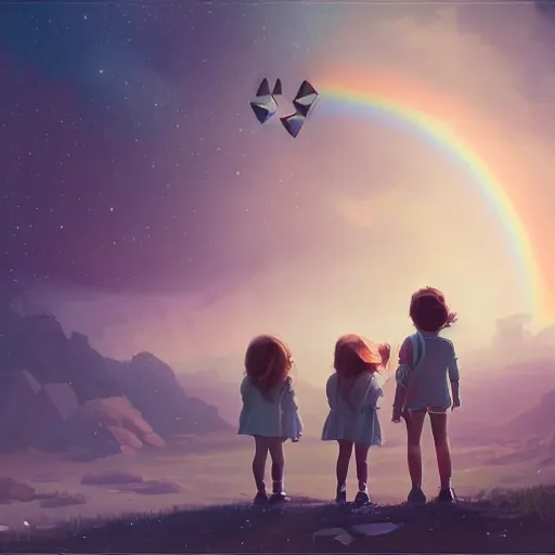 three little girls and boys, greg rutkowski, beeple, a painting by ralph mcquarrie of floating molecules and icosahedron with stars, clouds, and rainbows in the background, trending on artstation, masterpiece, incredible details,GPT