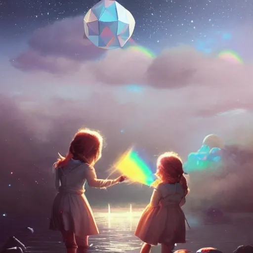 three little girls and boys, greg rutkowski, beeple, a painting by ralph mcquarrie of floating molecules and icosahedron with stars, clouds, and rainbows in the background, trending on artstation, masterpiece, incredible details,G, P, T