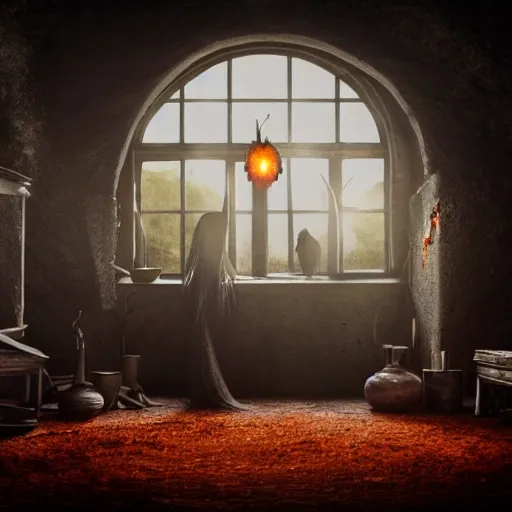 A realistic looking scene: A group of witches gather at a smoky creepy-looking room around a boiling caldron. A dimmed red-orange colored light glows in the caldron. Walls made of cobbled stone. Spider web creeping around the corner of the room. A raven is standing on the window., Realistic, Canon50, HD