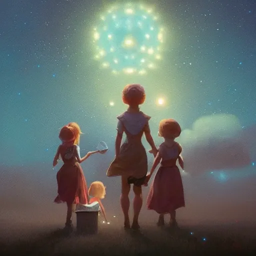 three little girls and boys, greg rutkowski, beeple, a painting by ralph mcquarrie of floating molecules and icosahedron with stars, clouds, and rainbows in the background, trending on artstation, masterpiece, incredible details,G, P, T, 3D, Pencil Sketch