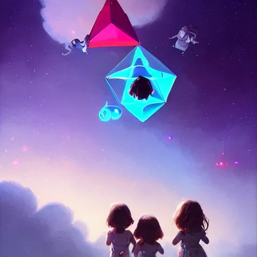 three little girls and boys, greg rutkowski, beeple, a painting by ralph mcquarrie of floating molecules and icosahedron with stars, clouds, and rainbows in the background, trending on artstation, masterpiece, incredible details,GPT