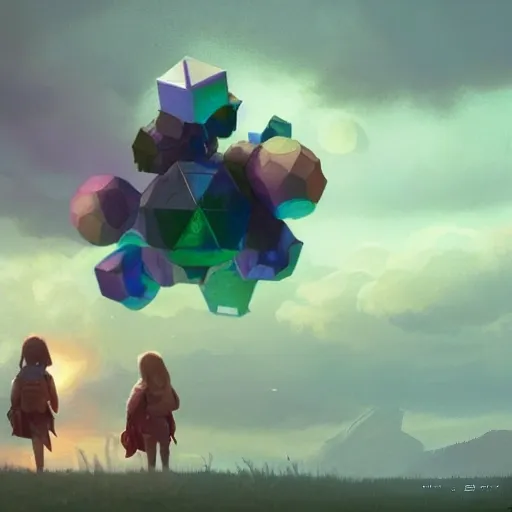 three little girls and boys, greg rutkowski, beeple, a painting by ralph mcquarrie of floating molecules and icosahedron with stars, clouds, and rainbows in the background, trending on artstation, masterpiece, incredible details,4K resolution